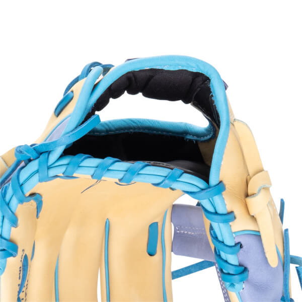 Close-up of a baseball glove showing the tan leather, bright blue lacing, and a black padded interior.