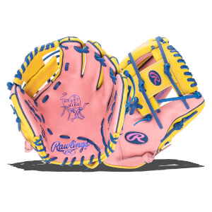 Front view of two pink baseball gloves with yellow and blue accents, showing the Rawlings logo and "Heart of the Hide" graphic.