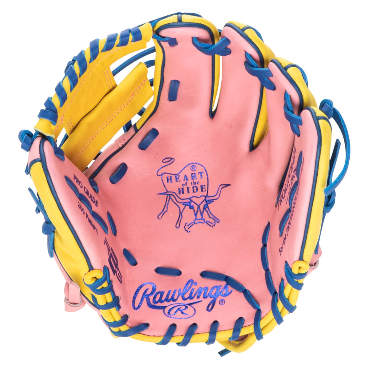 Top-down view of a pink baseball glove with yellow accents and blue lacing, featuring "Rawlings" and "Heart of the Hide" logos.
