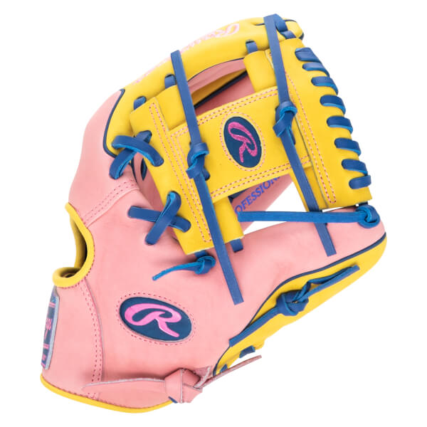 Front view of a pink and yellow Rawlings baseball glove with blue lacing and a Rawlings logo.