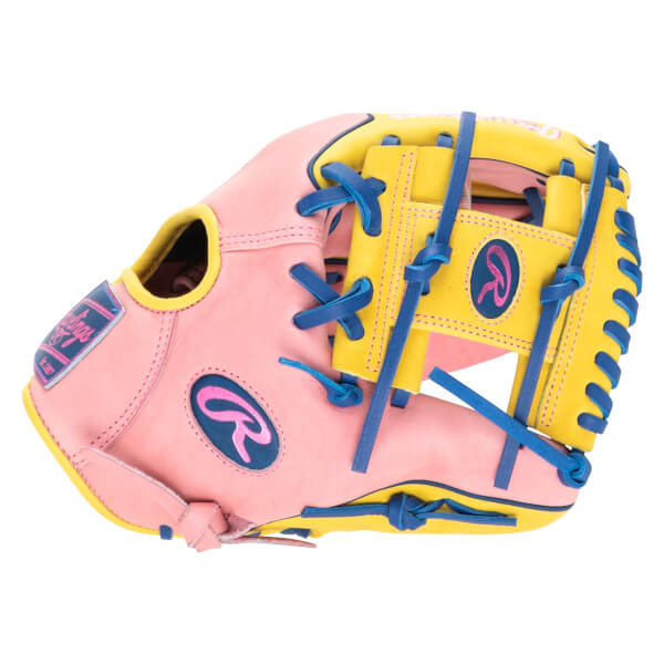 Side view of a pink and yellow Rawlings baseball glove with blue lacing and a pink Rawlings logo.