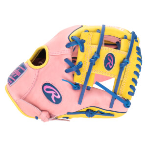 Side view of a pink and yellow Rawlings baseball glove with blue lacing and a pink Rawlings logo.