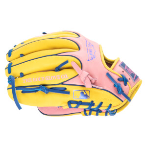 Side view of a pink and yellow baseball glove with blue lacing, featuring "THE GOLD GLOVE CO." text and an MLB logo.