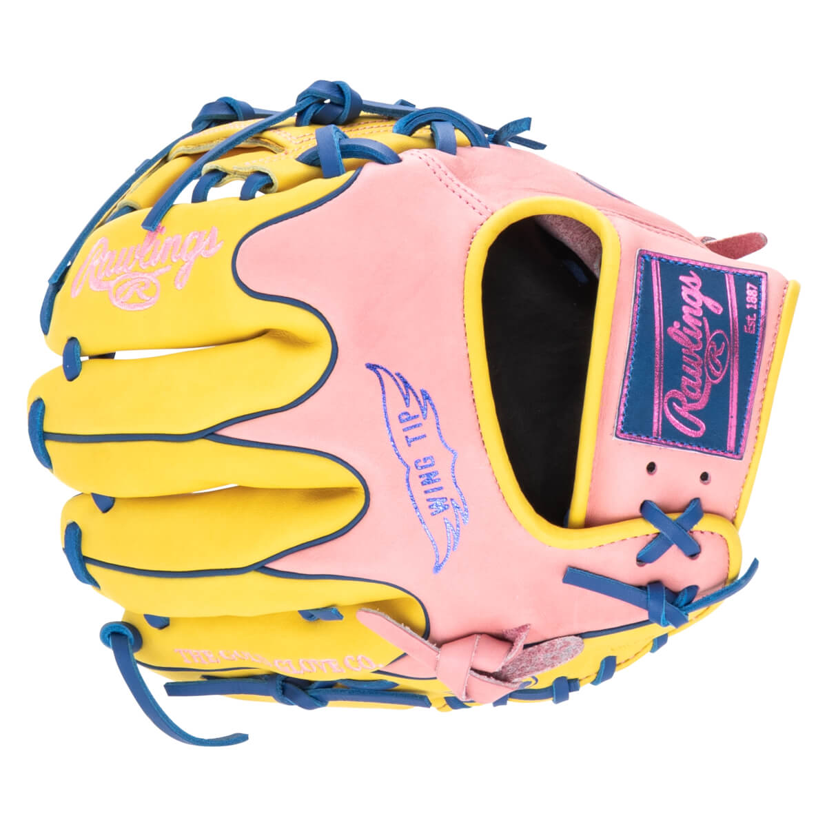 Front view of a pink and yellow baseball glove with blue lacing, featuring "Rawlings" and "Est. 1887" text.