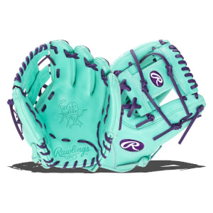 Front view of a teal baseball glove with purple lacing, showing the Rawlings logo and "Heart of the Hide" emblem.