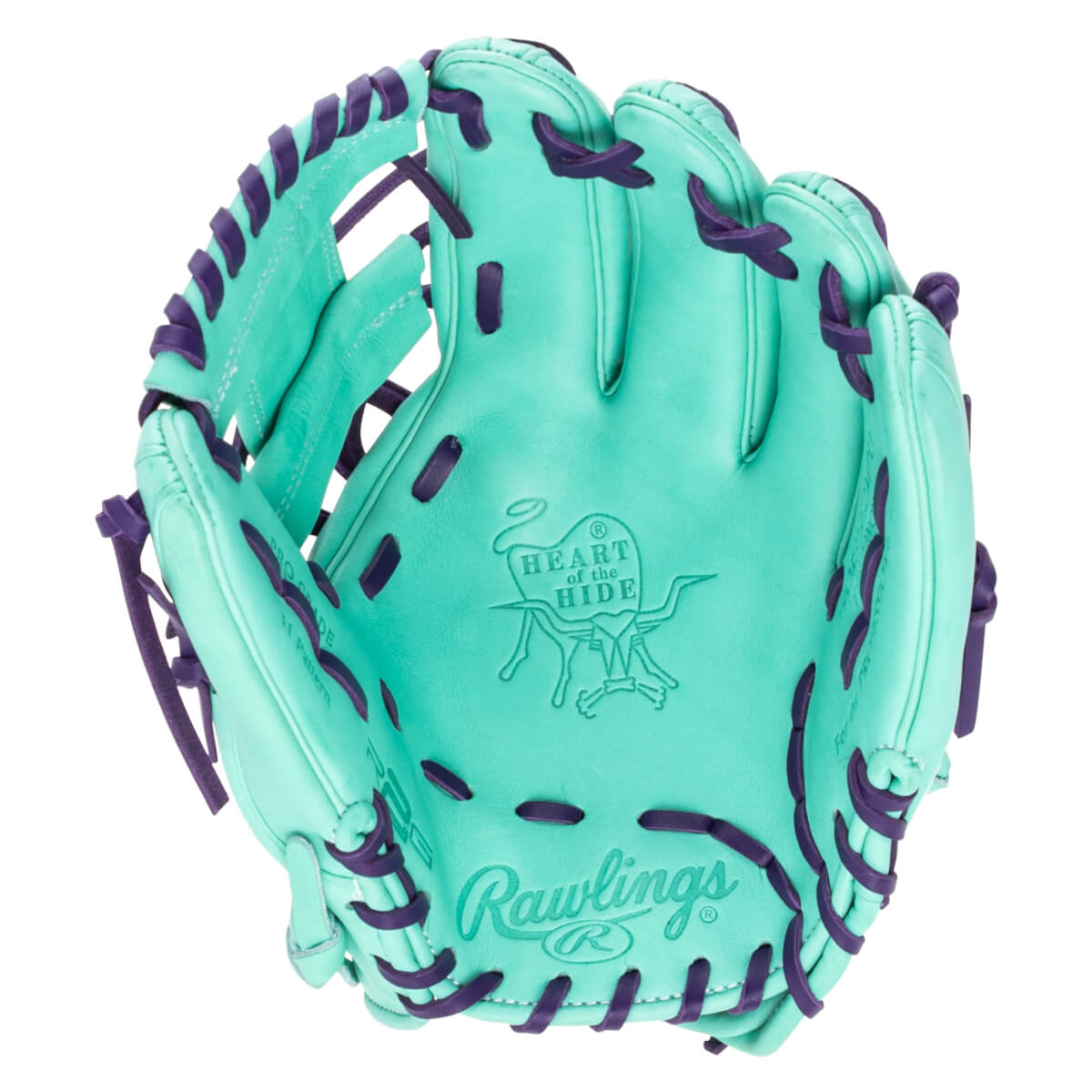 Top-down view of a teal baseball glove with purple lacing, featuring the Rawlings logo and "Heart of the Hide" emblem.