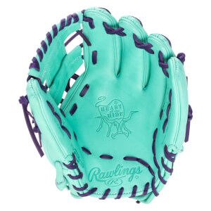 Top-down view of a teal baseball glove with purple lacing, featuring the Rawlings logo and "Heart of the Hide" emblem.