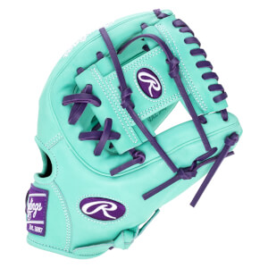 Front view of a teal baseball glove with purple lacing and Rawlings logos.