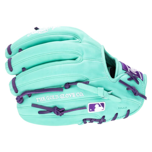 Side view of a teal baseball glove with purple lacing, featuring "THE GOLD GLOVE CO." and an MLB logo.