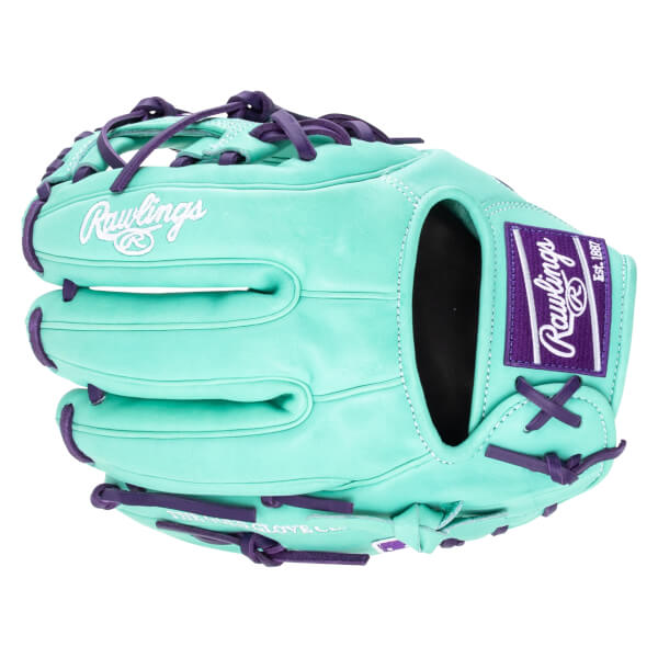 Top-down view of a teal baseball glove with purple lacing and a Rawlings logo.
