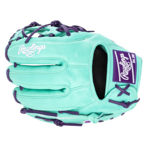 Top-down view of a teal baseball glove with purple lacing and a Rawlings logo.