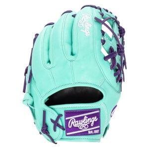 Front view of a teal baseball glove with purple lacing and a Rawlings Est. 1887 logo patch.