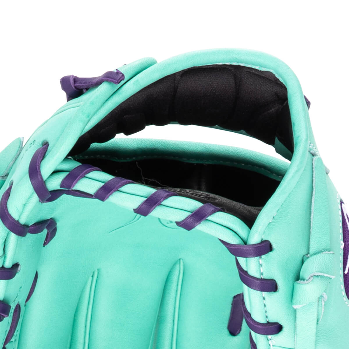 Close-up of a teal baseball glove showing purple lacing and a black padded wrist strap.