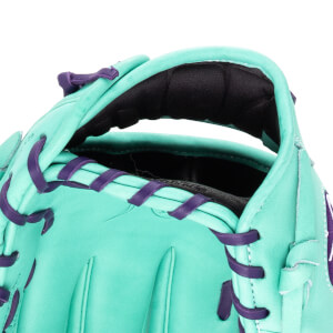 Close-up of a teal baseball glove showing purple lacing and a black padded wrist strap.