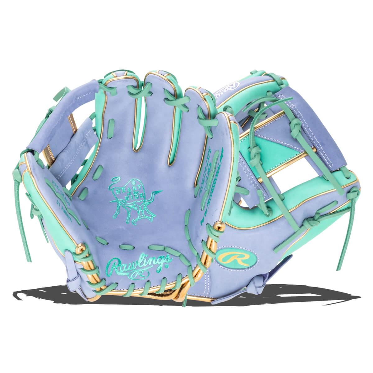 Front view of a purple and teal baseball glove with gold trim and "Rawlings" logo.