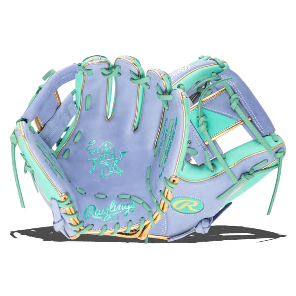 Front view of a purple and teal baseball glove with gold trim and "Rawlings" logo.