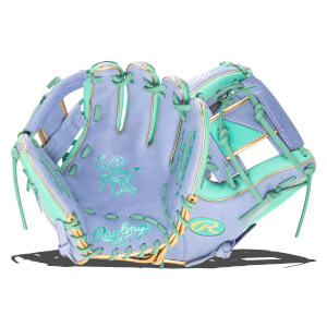 Front view of a purple and teal baseball glove with gold trim and "Rawlings" logo.
