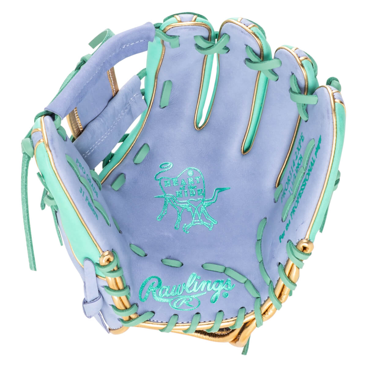 Interior view of a light purple baseball glove with mint green lacing and gold trim, showing the Rawlings logo and "HEART OF THE HIDE" emblem.
