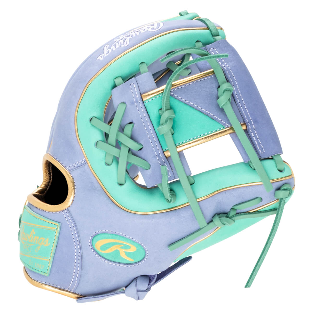 Side view of a purple and mint green baseball glove with gold trim and a Rawlings logo.