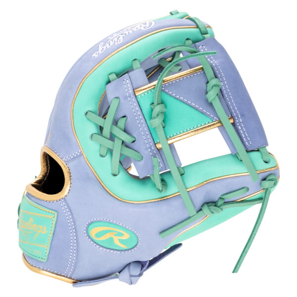 Side view of a purple and mint green baseball glove with gold trim and a Rawlings logo.