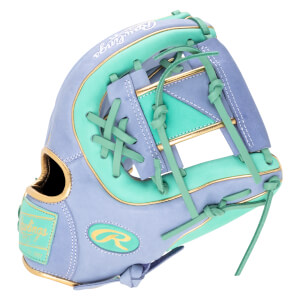Side view of a purple and mint green baseball glove with gold trim and a Rawlings logo.