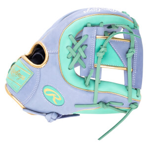 Side view of a light purple baseball glove with mint green accents, gold trim, and a Rawlings logo.
