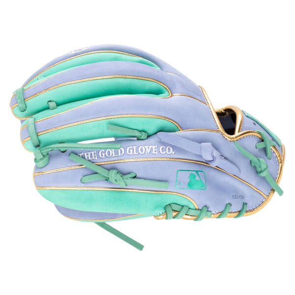 Side view of a lavender and mint baseball glove with gold trim, showing "THE GOLD GLOVE CO." text and the MLB logo.