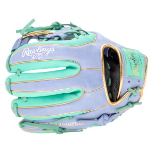 Side view of a lavender and mint baseball glove with gold trim and "Rawlings" logo.