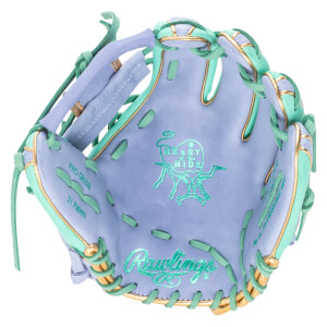 Top-down view of a purple baseball glove with mint green lacing and gold trim, featuring "Rawlings" and "Heart of the Hide" logos.