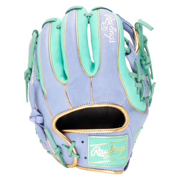 Front view of a lavender and mint green baseball glove with gold trim and "Rawlings" logo.