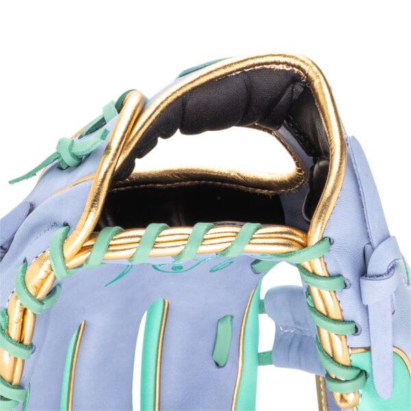 Close-up of a light purple baseball glove with gold trim and mint green lacing.