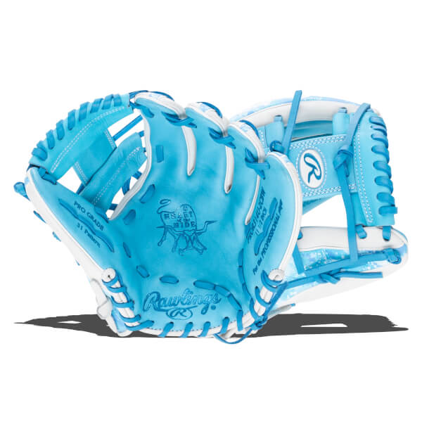 Front view of a bright blue Rawlings baseball glove with white lacing and a "Heart of the Hide" logo.