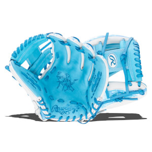 Front view of a bright blue Rawlings baseball glove with white lacing and a "Heart of the Hide" logo.