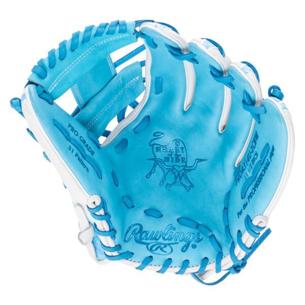 Top-down view of a blue and white Rawlings baseball glove with "PRO GRADE" and "Rawlings" visible.