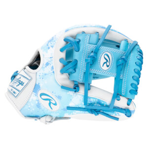 Side view of a white and blue splatter-print baseball glove with bright blue laces and Rawlings logos.