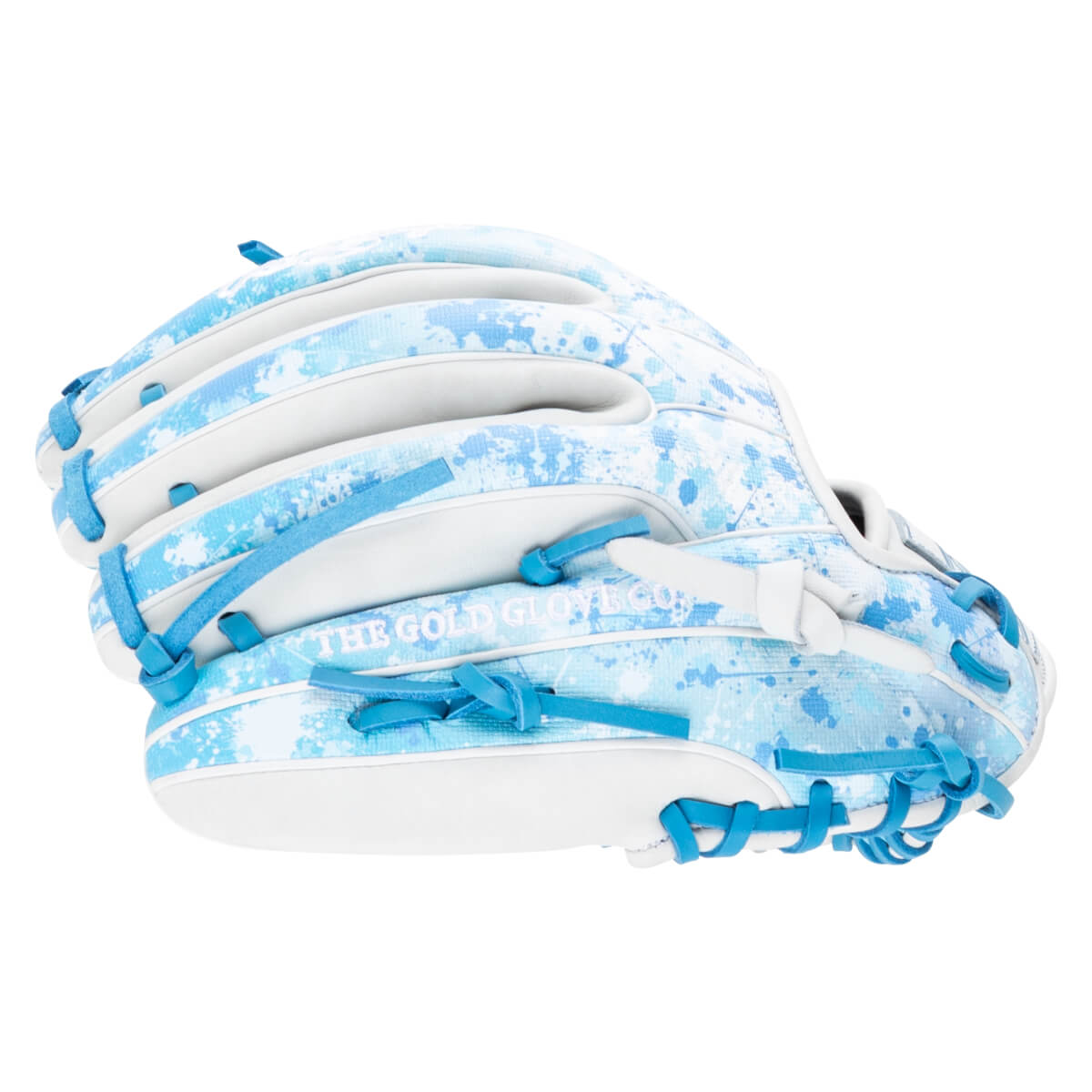Side view of a white baseball glove with a blue splatter pattern and bright blue laces, showing "THE GOLD GLOVE CO." text.