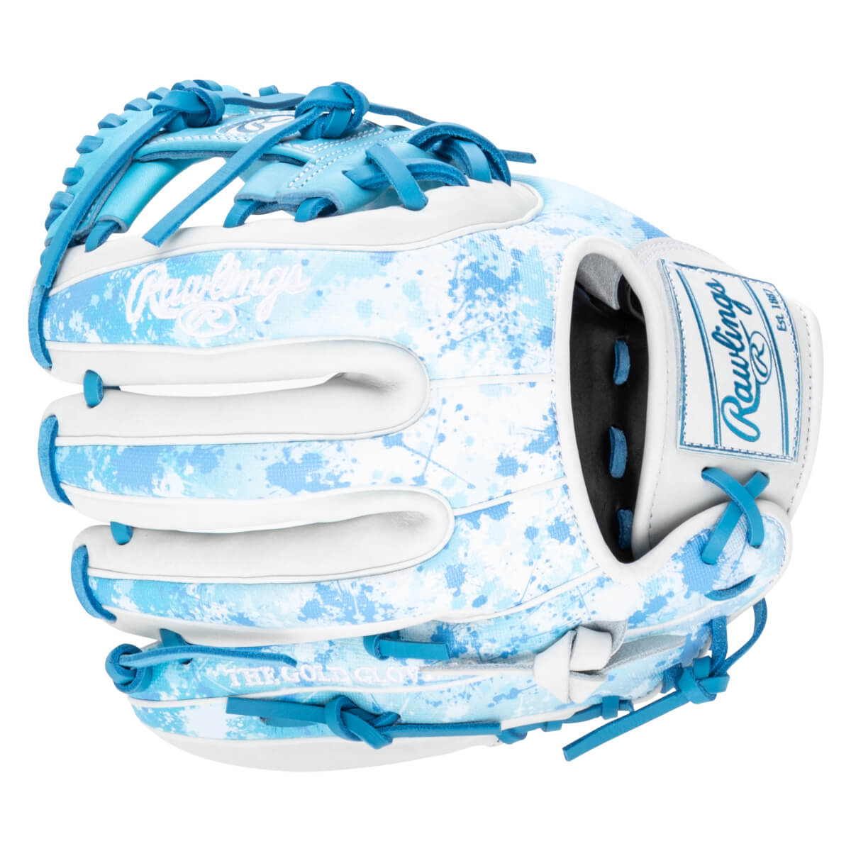Front view of a white baseball glove with blue splatter pattern and bright blue laces.