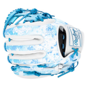 Front view of a white baseball glove with blue splatter pattern and bright blue laces.