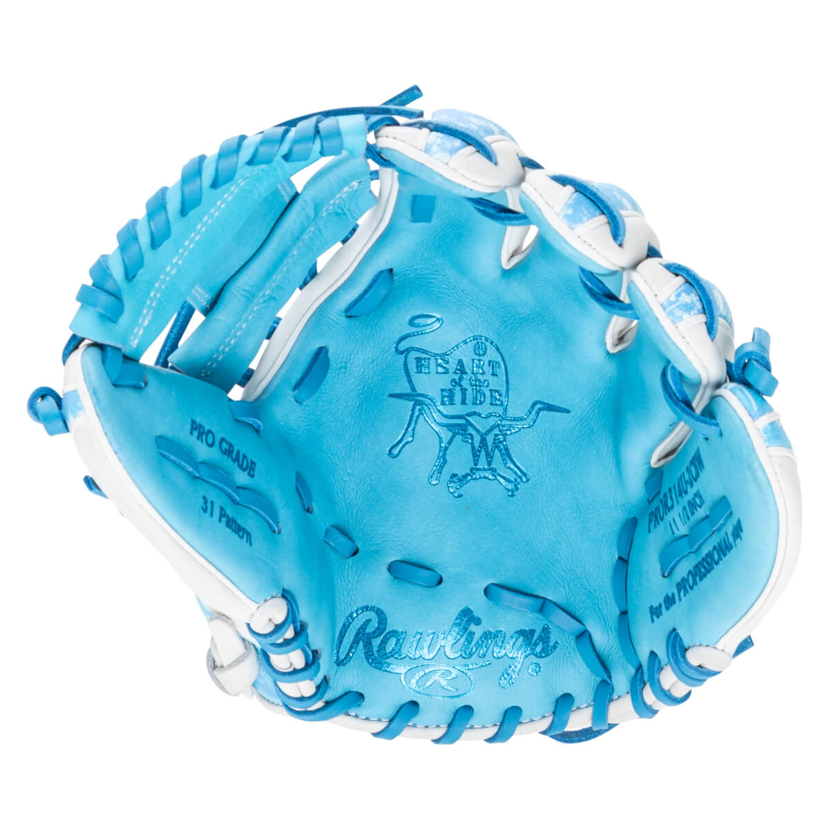 Top-down view of a light blue baseball glove with white accents, featuring "Rawlings" and "PRO GRADE" text.