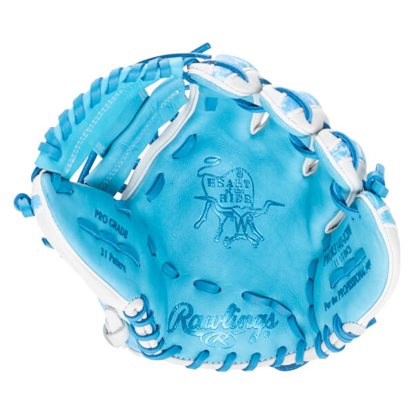 Top-down view of a light blue baseball glove with white accents, featuring "Rawlings" and "PRO GRADE" text.