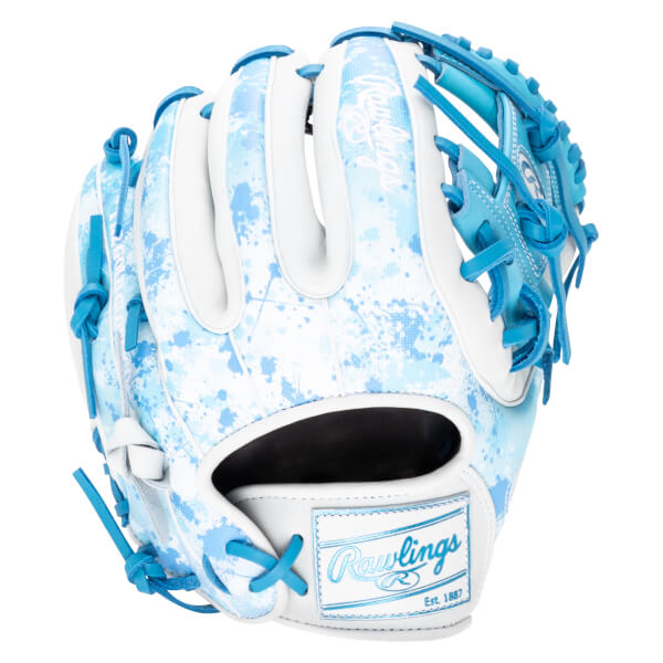 Front view of a white baseball glove with a blue splatter pattern and bright blue laces, featuring the Rawlings logo.
