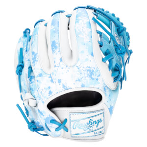 Front view of a white baseball glove with a blue splatter pattern and bright blue laces, featuring the Rawlings logo.
