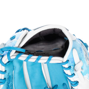 Close-up of a blue and white baseball glove with a marbled pattern and visible "DEEP TANNER" text.