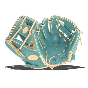 Front view of a teal Rawlings baseball glove with tan lacing and a Rawlings logo.