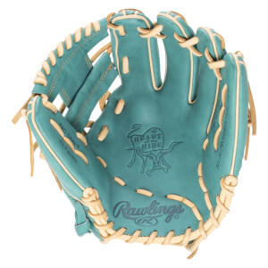 Top-down view of a teal Rawlings baseball glove with tan lacing, showing the "Heart of the Hide" logo and "Rawlings" text.