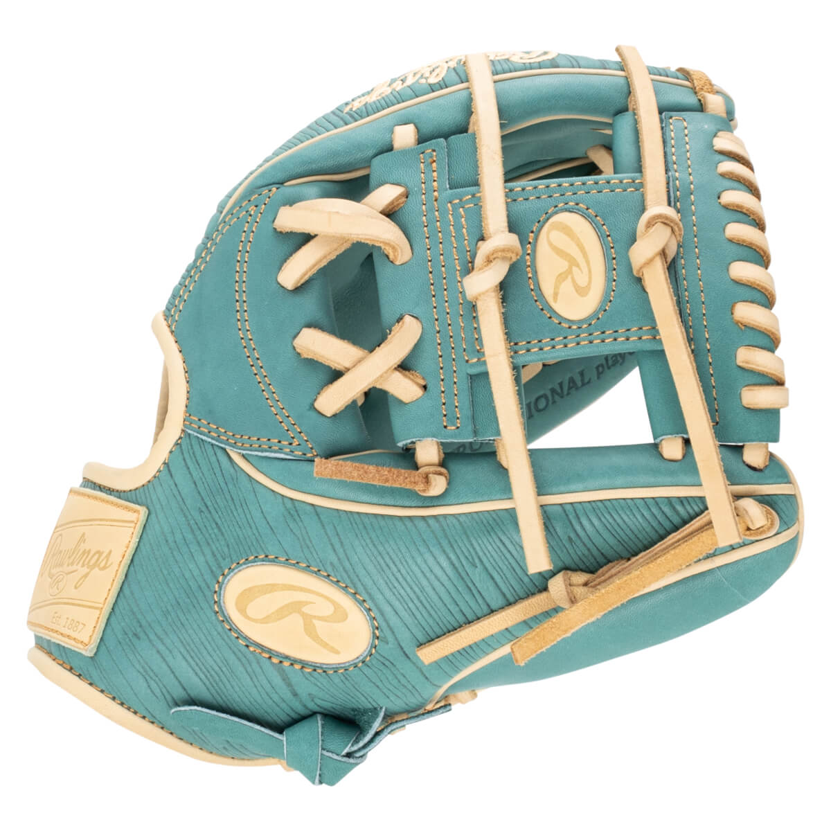 Side view of a teal baseball glove with tan lacing, Rawlings logo, and "Est. 1887" text.