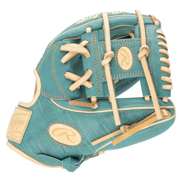 Side view of a teal baseball glove with tan lacing, Rawlings logo, and "Est. 1887" text.