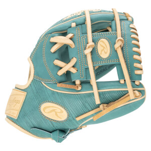 Side view of a teal baseball glove with tan lacing, Rawlings logo, and "Est. 1887" text.