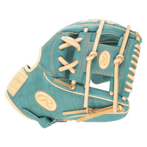 Side view of a teal Rawlings baseball glove with tan lacing and a wood-grain texture on the palm.