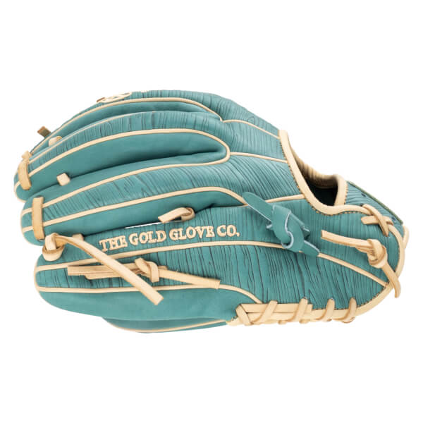 Side view of a teal baseball glove with tan lacing and "THE GOLD GLOVE CO." embroidered on the palm.